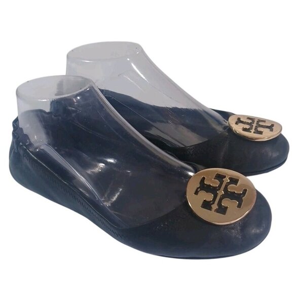 Tory Burch Women Sz 7.5 M Ballet Flats Minnie Travel Leather Black Big Gold Logo - Picture 5 of 8
